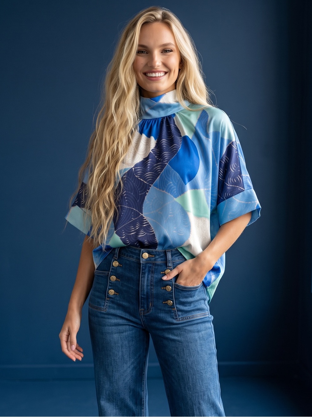 entro Blue and Navy Abstract Print Top